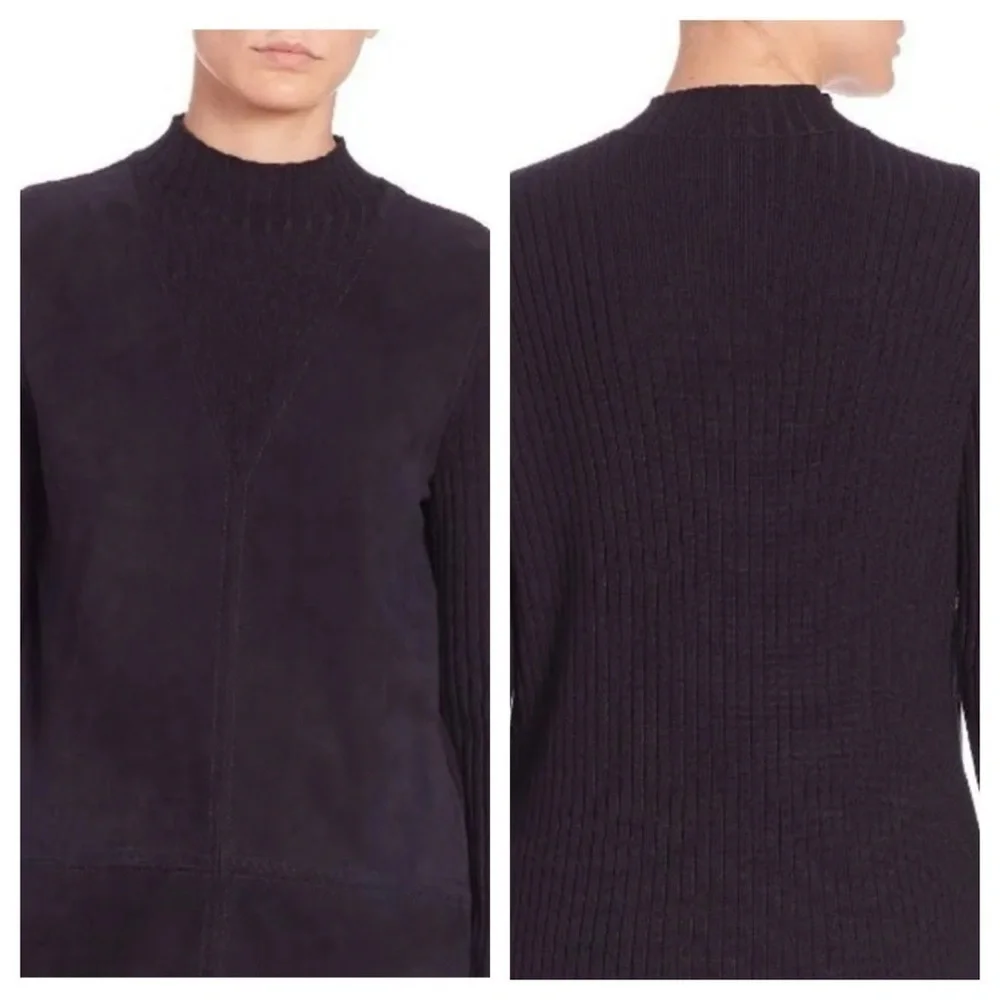 Tory Burch Navy Molly Leather Wool Ribbed Mockneck Sweater Size XS
